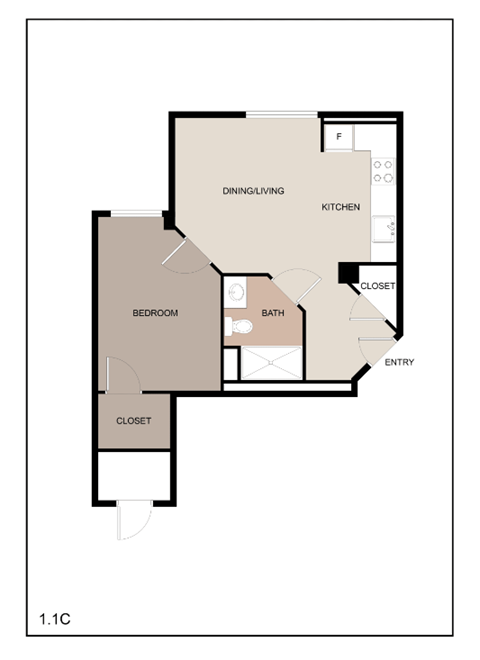 Floor plan for 1 bed, 1 bath, 485 sqft